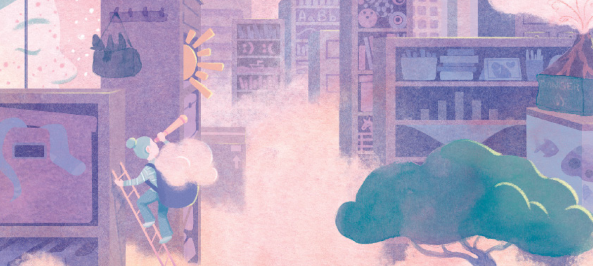 A dreamy landscape being explored by a girl with a telescope.
