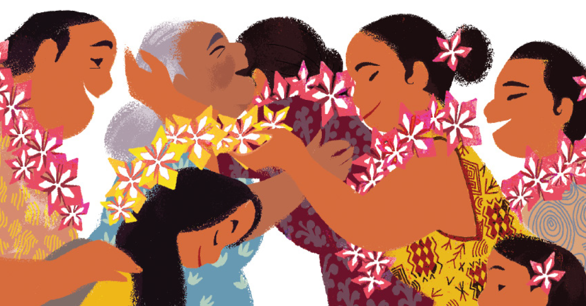 A Samoan family greets some of its members by placing a lei of fresh flowers over their heads.