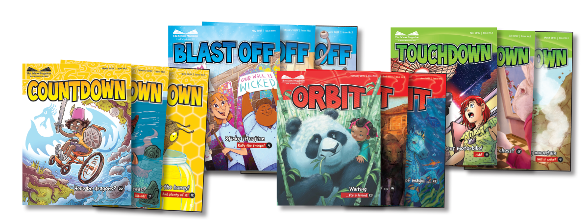 Examples of each magazine level: Countdown, Blast Off, Orbit and Touchdown.